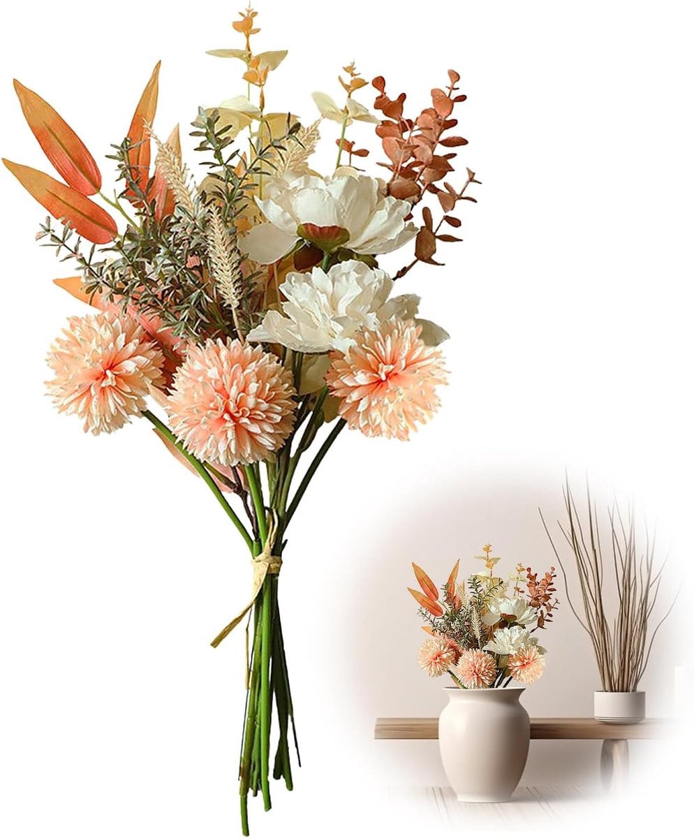 Realistische kunstbloemen boeket met pioenen en paardenbloemen, 43 cm