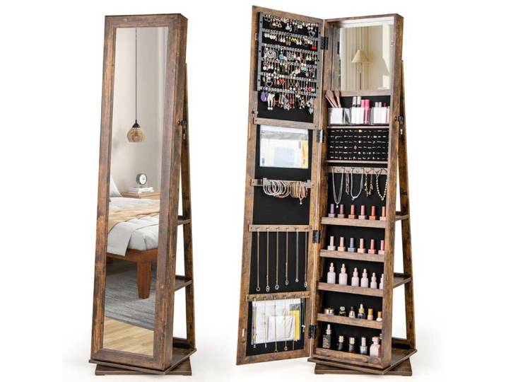 Rangez bijoux et maquillage avec une armoire à bijoux miroir rotation 360° étagères arrière marron rustique