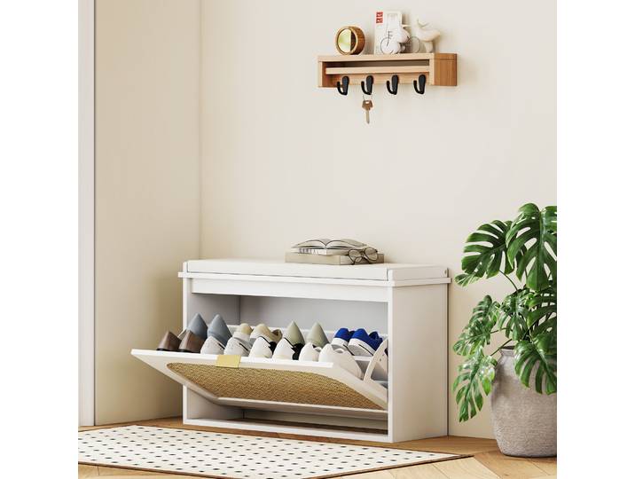 HOMCOM Banc à Chaussures Rembourré Rotin 80cm Blanc