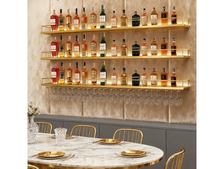 Alkmla 200CM Metallbar Weinregal Wand mit Glashalter，Gold 3 Ebenen Weinpareite Display Rack, Modernes Weinregal im Industriestil für Zuhausefür Esszimmer Home Bar Küche Dekorative