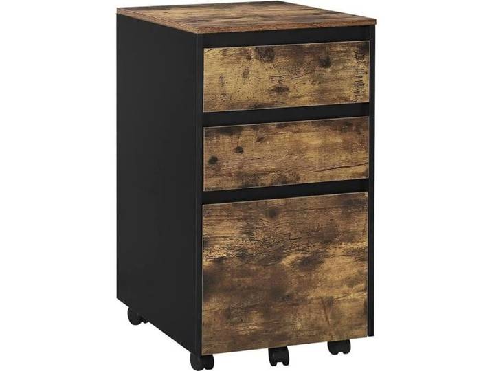 Caisson Mobile de Rangement pour Bureau WOLTU avec 3 Tiroirs - Marron Rustique et Noir