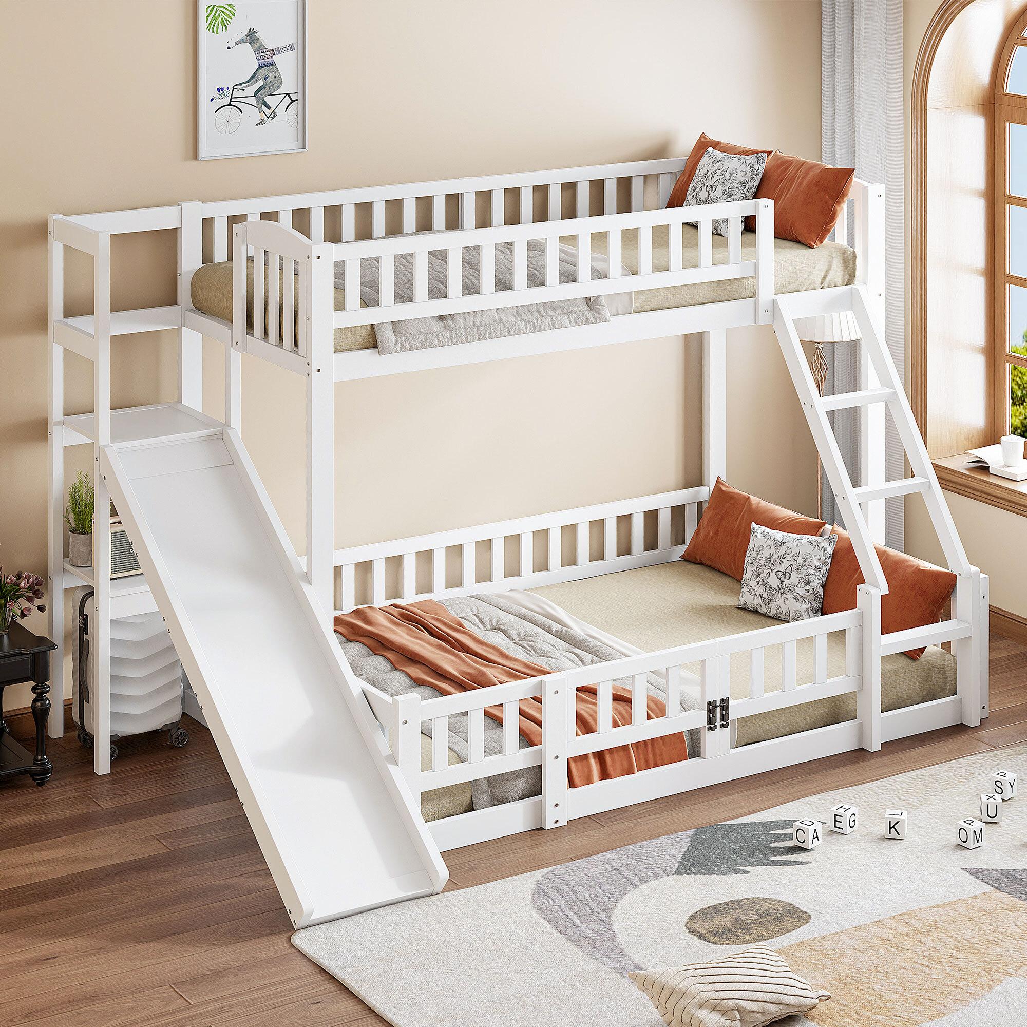 STILVORA Etagenbett 140/90x200 Jugendbett Ohne Matratze,Kinderbett mit Geländer & Rutsche und Stufen,Einzelbett mit Ausziehbare Tür und mehreren Regale,Weiß