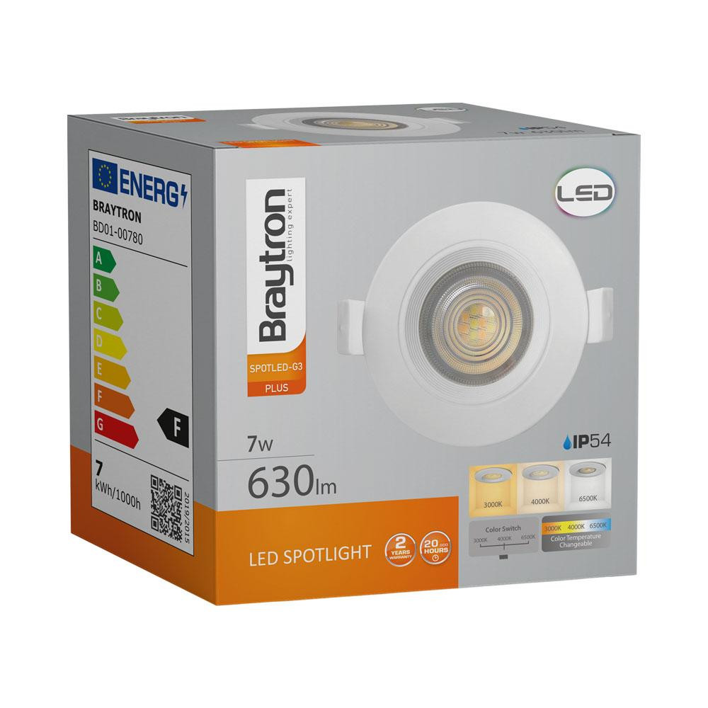 Braytron LED inbouwspot IP54, 7W, 3 kleurtemperaturen, zwart, 630 lumen
