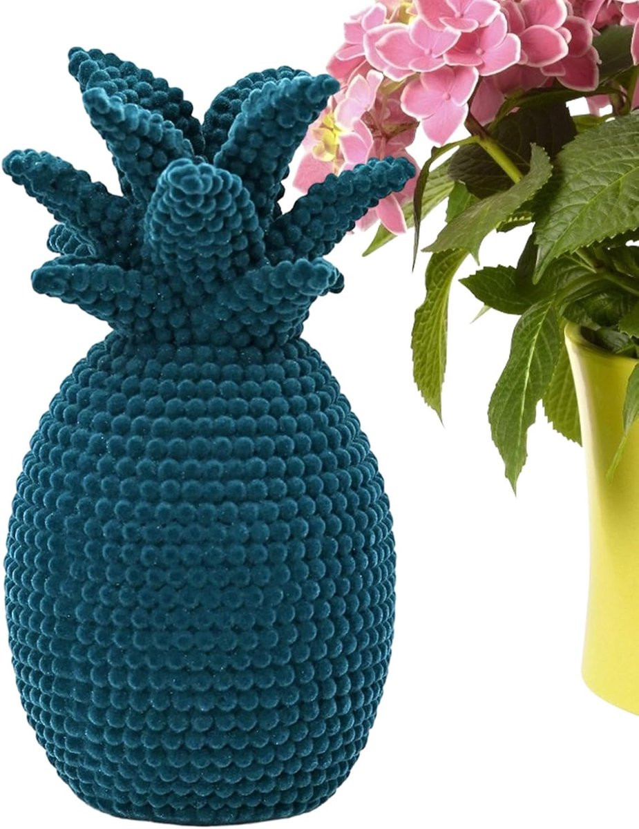 Blauw Ananas Beeldje - Tafelornament met Gevlokte Textuur - Hoogte: 23,5 cm
