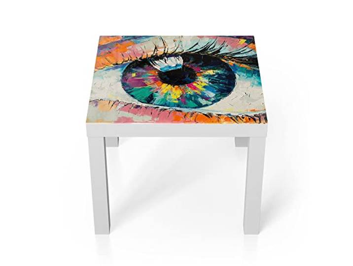 DEQORI Glastisch weiß klein 55x55 cm Motiv Auge in bunten Ölfarben ausgefallener Beistelltisch aus Glas Hochglanz Couchtisch fürs Wohnzimmer moderner Couch Tisch mit Design