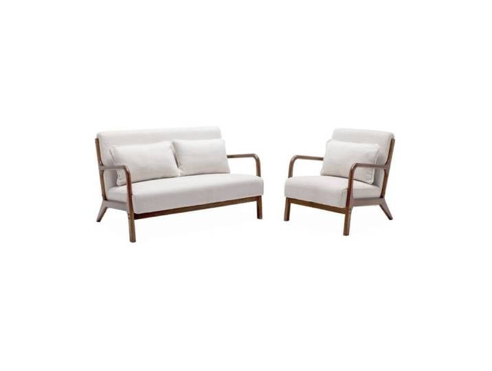 sweeek - Banquette 2 places + Fauteuil bois d'hévéa teinté noyer clair et bouclette LORENS