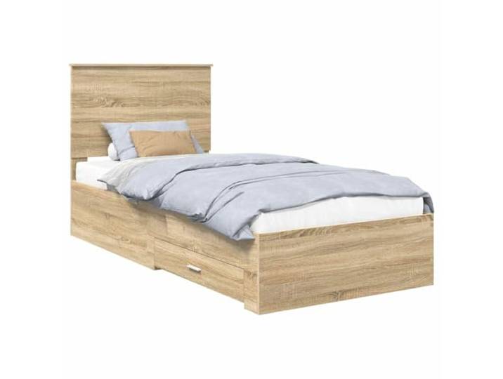 PUGYNBK Bettgestell mit Schubladen, Sonoma-Eiche, 90 x 190 cm Kopfteil aus Holz, Schubladen mit silberfarbenen Griffen, geräumige Aufbewahrung, einfache Reinigung