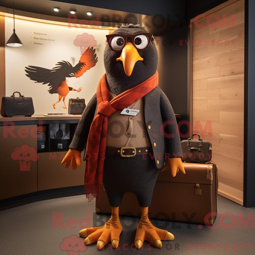 Maskottchenfigur REDBROKOLY einer rostroten Amsel bekleidet mit Strickjacke und Aktentasche