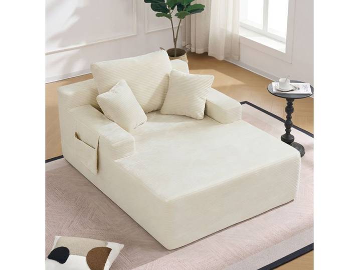 ROVRYN méridienne fixe 1 place 150 x 110 x 70 cm velours côtelé beige avec poches latérales