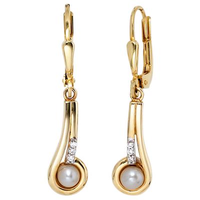 Perlenohrringe JOBO "Ohrringe lang hängend 30 mm", gold (gelbgold 333), Ohrringe, Damen, Gelbgold 333 Perlen, Gelbgold 333, Perlen, 333 Gold mit Perlen und 6 Zirkonia