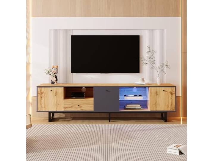 BTM Lowboard, Wohnzimmer-TV-Schrank mit LED-Lichteffekt, Glastrennwand, Pufferscharnier, farblich passendes Design