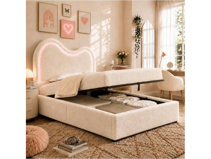 WUVRIE Lit coffre relevable 90 x 200 cm bouclé blanc tête de lit LED avec sommier rangement