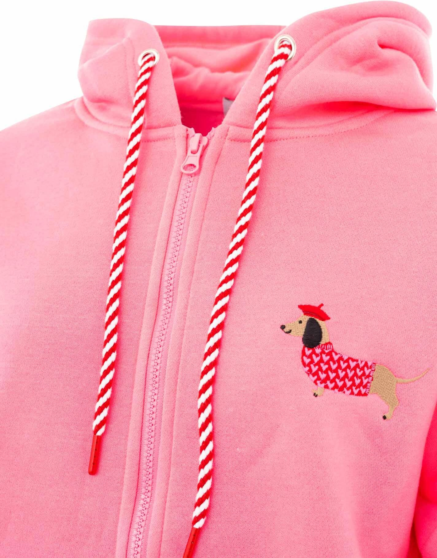 Sweatjacke ZWILLINGSHERZ "Très Bien", Damen, Gr. L, pink, Obermaterial: 50% Baumwolle, 50% Polyester, Sweatjacken Sweatjacke, Mini Me, süsses Dackelmotiv, gestreifte Ärmelbündchen, Kapuze, Zipper pink L
