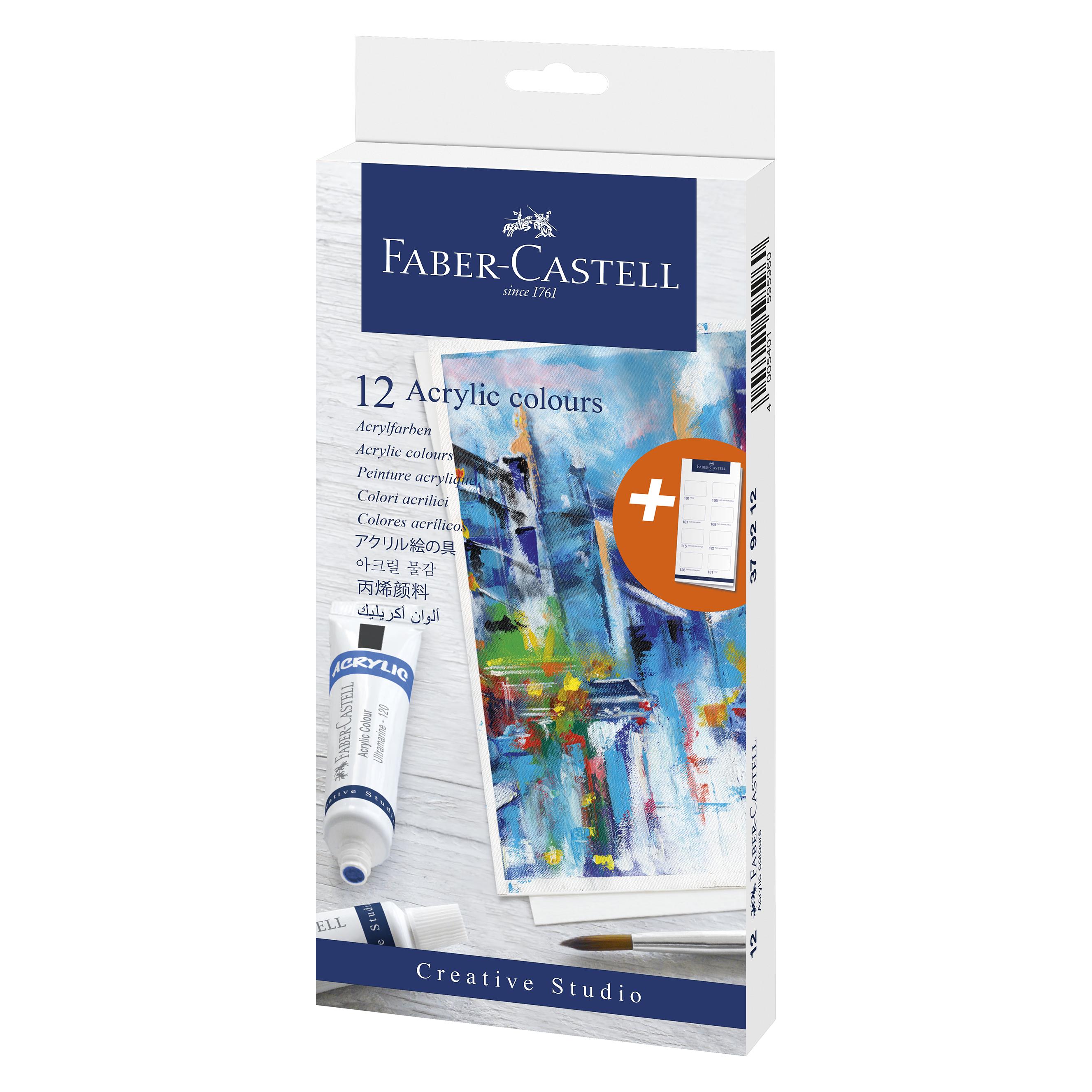 Faber-Castell Acrylfarbe in Tube, 12er Kartonetui hochpigmentierte, lichtechte Farben mit glänzendem (20 ml) (379212)