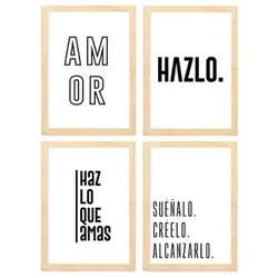 POSTER Set mit 4 Leidenschaft TypografieStil A4 Rahmen aus hellem Holz