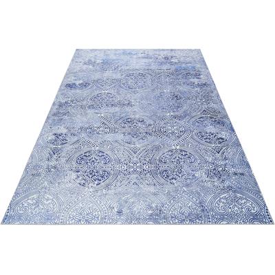 Teppich WECON HOME "Grace", blau (blau, silberfarben), B:130cm H:6mm L:190cm, Polyester, Teppiche, Teppich, Vintage Look, Used Look, moderner Kurzflor, Wohnzimmer