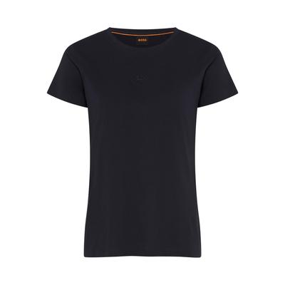 T-Shirt BOSS ORANGE "Elove Embro Premium Damenmode", Damen, Gr. XL, schwarz (dunkelblau 408), Single Jersey, Obermaterial: 100% Baumwolle, unifarben, schmal normal, Rundhals, Shirts T-Shirt, mit Rundhals, Slim Fit