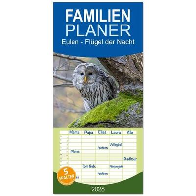 Familienplaner 2026 - Eulen - Flügel der Nacht mit 5 Spalten (Wandkalender, 21 x 45 cm) CALVENDO