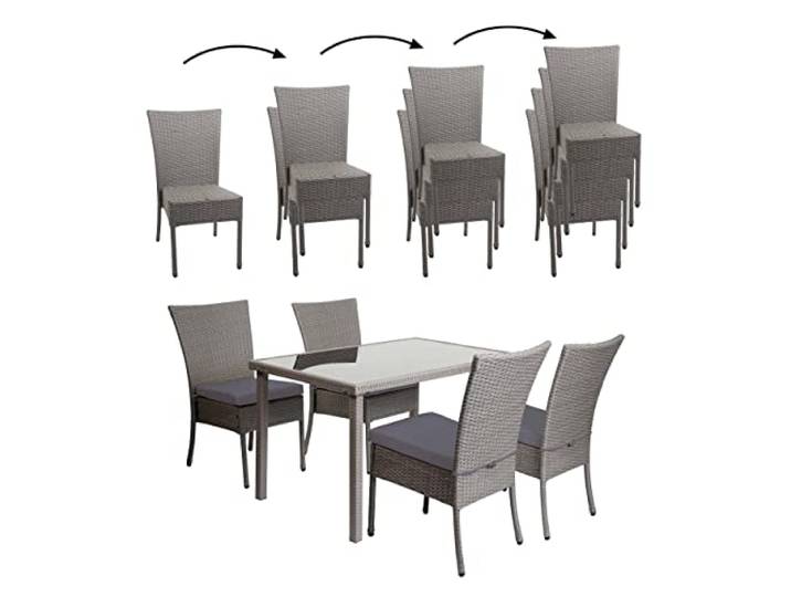 Mendler Poly-Rattan Garnitur HWC-G19 120x75cm - grau, Kissen dunkelgrau Sitzgruppe, Balkon-/Lounge-Set, 4xStuhl+Tisch