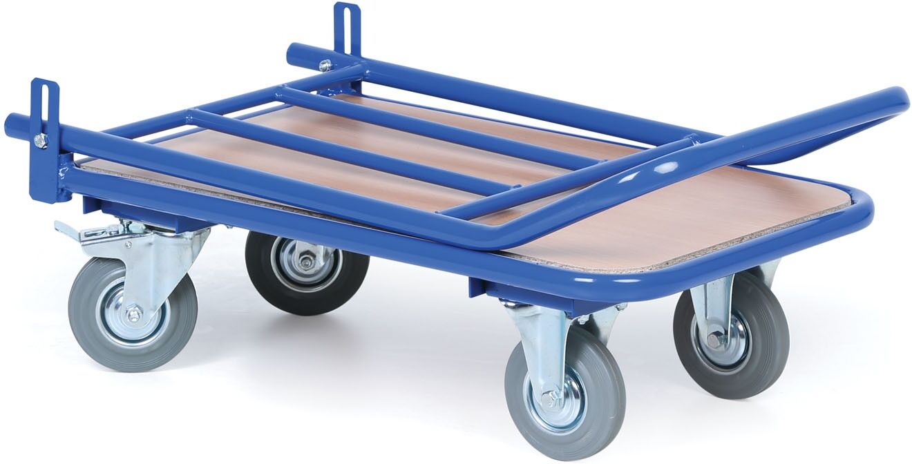 B2B Partner Plattformwagen mit Rohr-Stirnwand und Klappbügel, Ladefläche 450 x 700 mm, Tragfähigkeit 200 kg, Rollen 125 mm, grauer Gummi