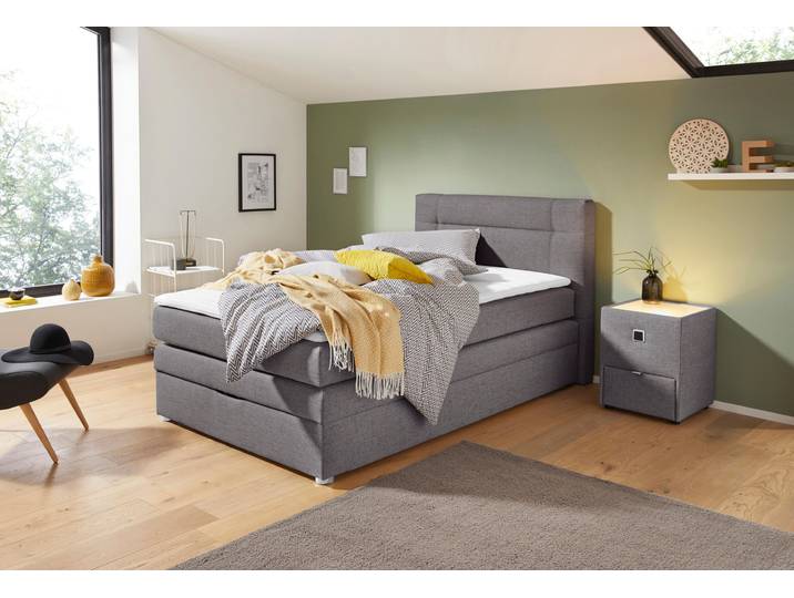 Boxspringbett, Strukturstoff, Dunkelgrau, 134×217 cm, Mit Bettkasten & Topper, Jockenhöfer