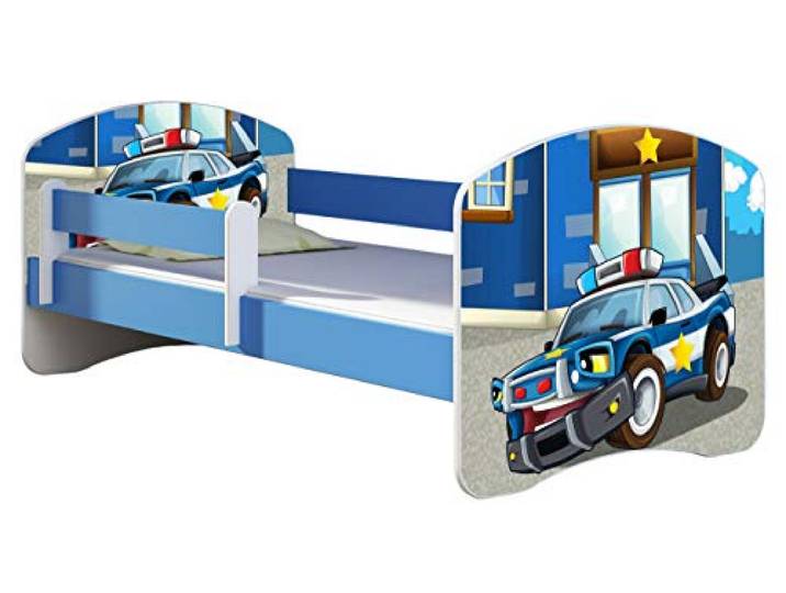 ACMA Kinderbett Jugendbett mit Einer Schublade und Matratze Blau mit Rausfallschutz Lattenrost II 140x70 160x80 180x80 (38 Polizei, 140x70)