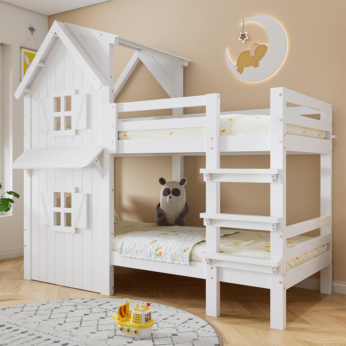 Kinderbett mit Dreistufige Gerade Leiter Fenster und Dach Etagenbett Jugendbett Kinder-Familienbett 90x200cm Weiß