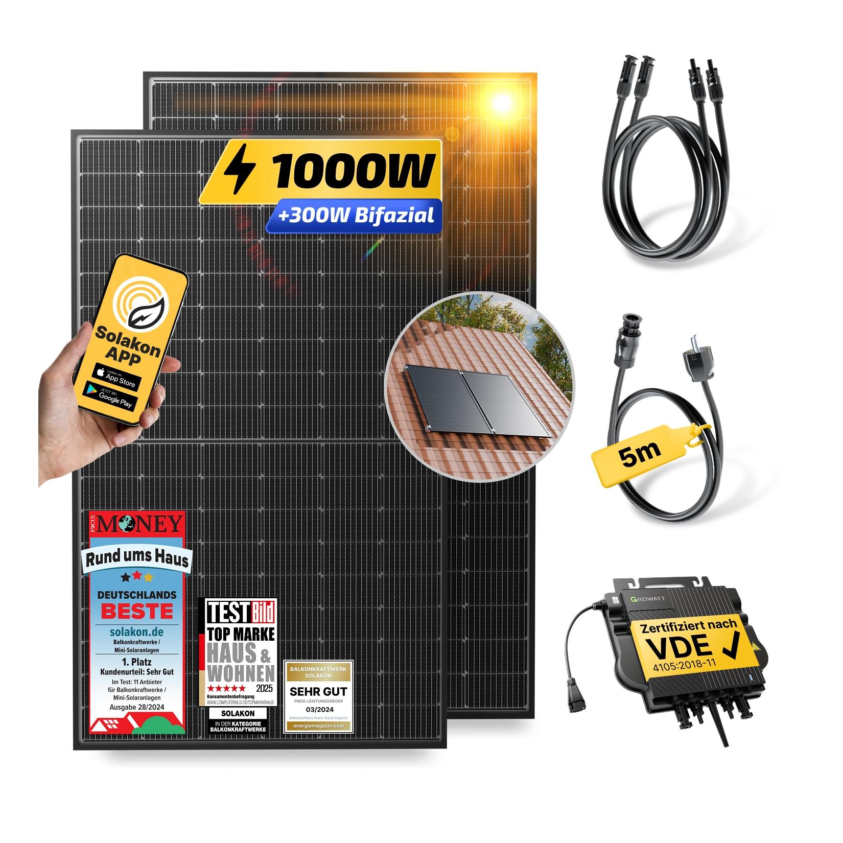 Balkonkraftwerk 1000W/800W Solaranlage mit Dach Halterung (Paarmontage) Halterung Steckerfertig WIFI Komplettset Photovoltaik Anlage 800W, Kabellänge: 5m