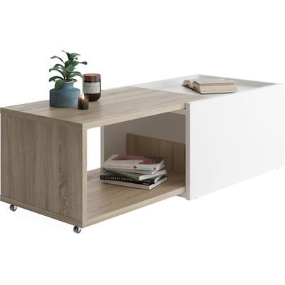 Couchtisch FMD "Slide", braun (weiß, eiche, weiß, eiche, weiß, eiche), B:125,4cm H:38cm T:49,5cm, Tische, Couchtisch, flexibel ausziehbar, mit Rollen, Breite: 70 bis 125 cm