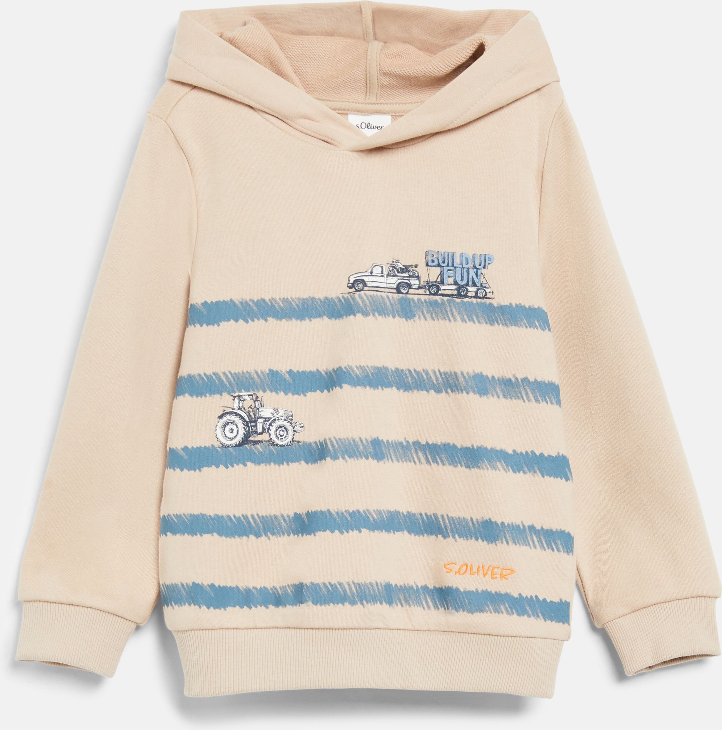 Kapuzensweatshirt S.OLIVER JUNIOR, Jungen, Gr. 140, sand, Sweatware, Obermaterial: 90% Baumwolle, 10% Polyester, bedruckt, normal hüftbedeckend, Rundhals, Bündchen, Sweatshirts Kapuzensweatshirt, mit Auto-Trecker-Motiv-Print / für Boys sand 140