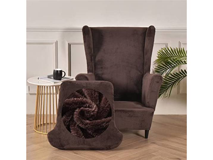 Highdi Peluche Housse de Fauteuil à Oreilles Extensible 2-Pièces Couverture de Fauteuil avec Housse de Coussin en T\, Couleur Unie Mode Strandmon Housse de Fauteuil Antidérapante (Brun)