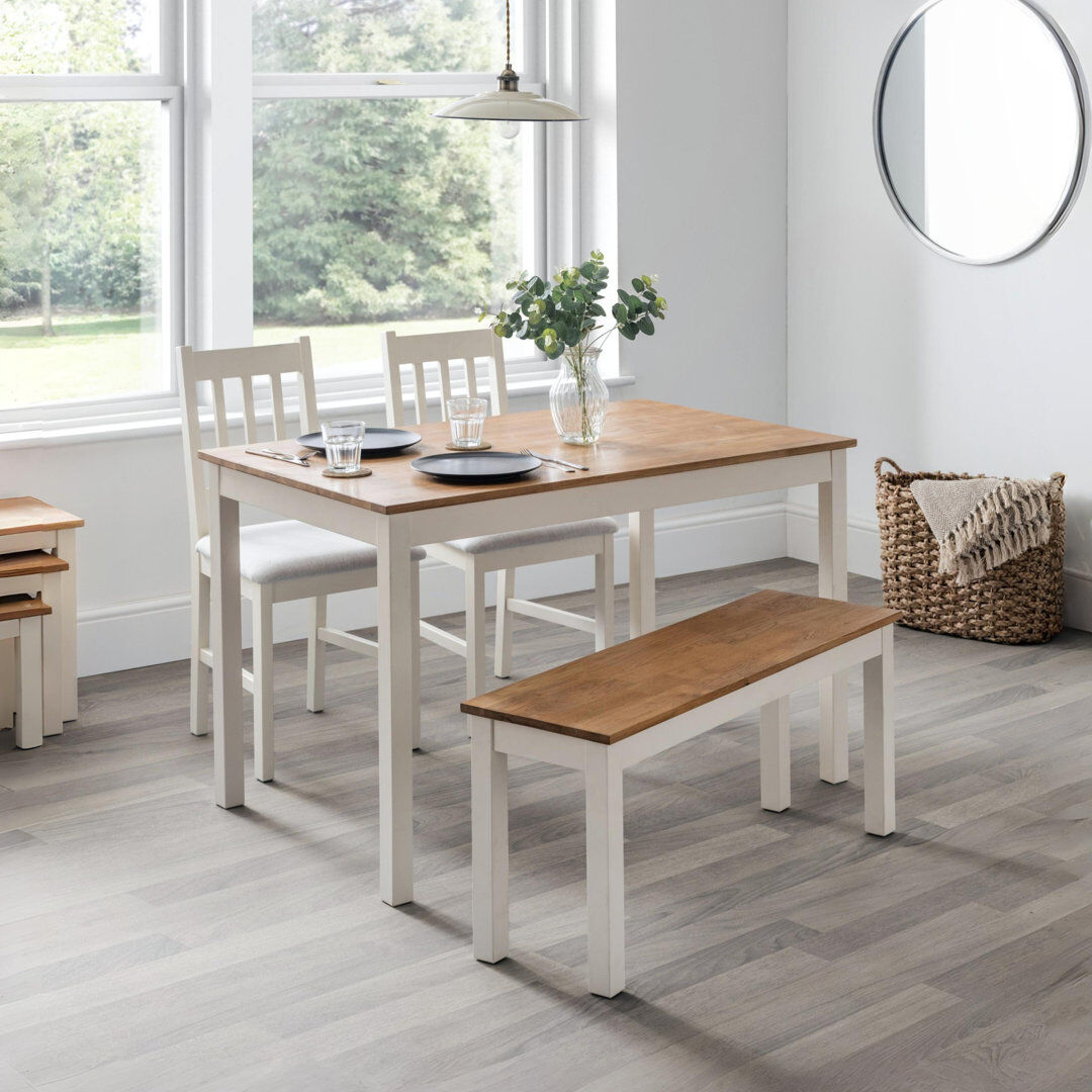 Three Posts Carmel Oak Rectangular Wood Top Dining Table with Wood Base Ivory