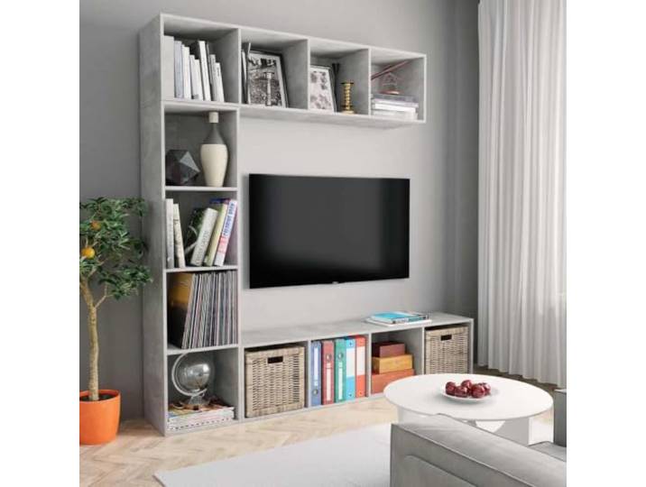 ROMHZKS 3-TLG. Bücher- und TV-Schrank Set Betongrau 180x30x180 cm 12 Fächer, feuchtes Tuch reinigt, Montagematerial inklusive, schlankes Design