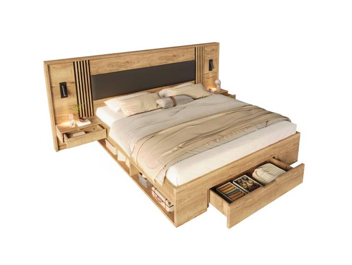 Redom Doppelbett 160/200 cm mit 5 Staufächern, 2 Nachttischen, Leselampen und gepolstertem Kopfteil aus Mdf, Natur, Naturfarben, 160x200 cm, Schlafzimmer, Betten