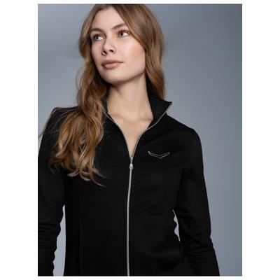 Sweatjacke TRIGEMA "TRIGEMA Jacke mit Kristallsteinen", Damen, Gr. XL, schwarz, Single Jersey, 95% Baumwolle, 5% Elasthan, lang, ohne Ausschnitt, Sweatjacken Sweatjacke