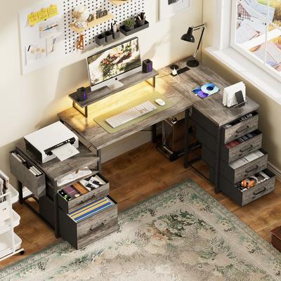 loviyhome Modern Farmhouse 71'' L Shaped Desk with File Drawers, Reversible Computer Desk with Power Outlets and Smart LED Lights