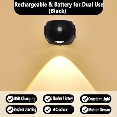 Inspired Living LumiFlex Motion Sensor Wall Light USB Rechargeable Wireless Reading Light 360 Rotating LED Lamp black usb Type 2pcs