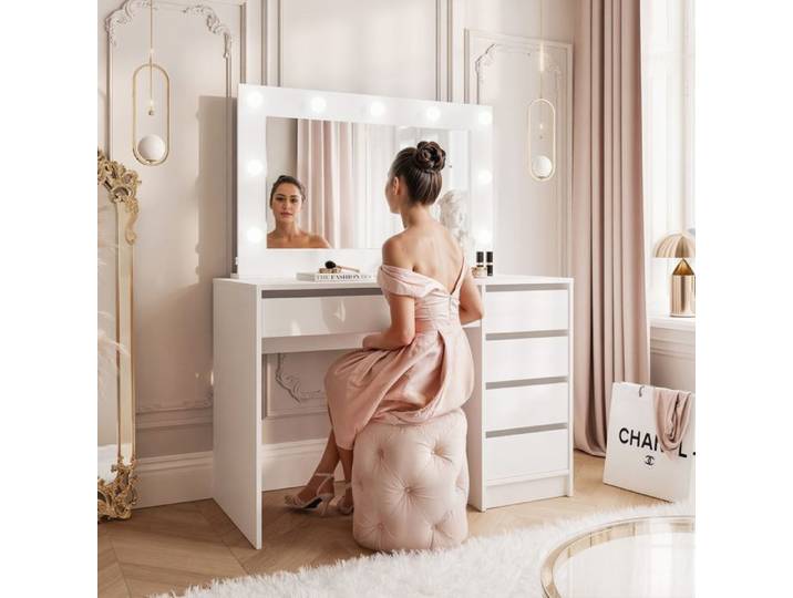 Coiffeuse BELLA II - avec miroir LED - 5 tiroirs - 110x55x144 cm - Blanc brillant