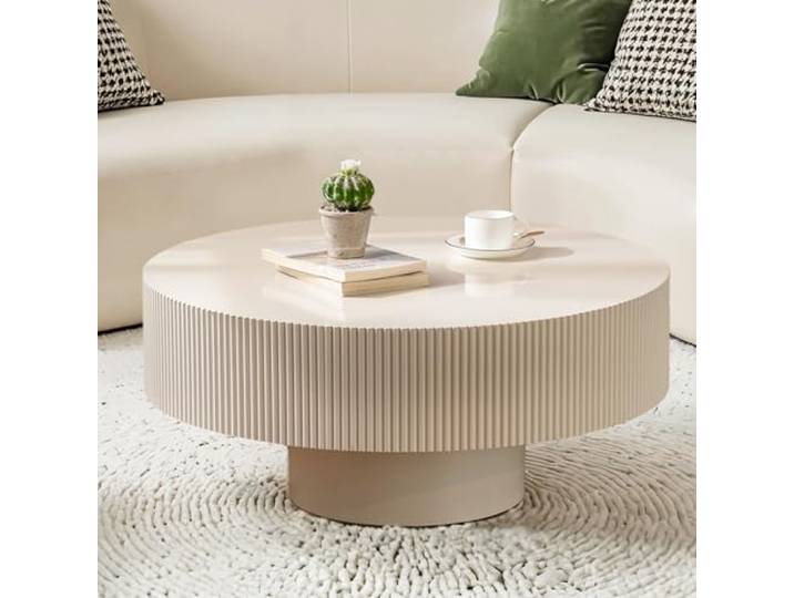 Moderner Runder Holz-Trommelcouchtisch Mit Geriffeltem, Elfenbeinweiß Stabilem Sockel, Furnierter Handgearbeiteter Relief-Couchtisch Für Wohnzimmer, Kleine Räume, Büro Und Wohnung