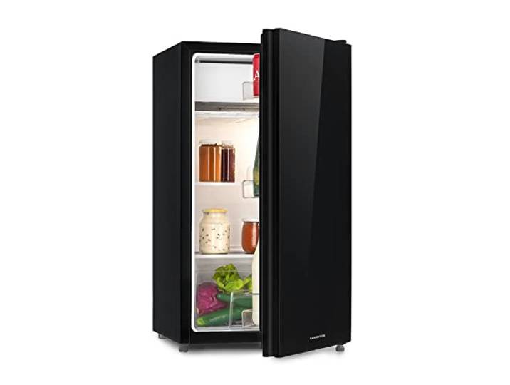 Klarstein Luminance Frost Kühl-Gefrier-Kombination - freistehender Kühlschrank, Glasfront, ca. 45 x 84 x 48,5 cm (BxHxT), 91 Liter Gesamtvolumen, schwarz