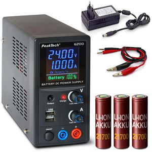 PeakTech Labornetzteil P 6200, Akku-Labornetzeil, LCD & USB-A, 1 Kanal, Schaltnetzteil, Ausgangschalter, 24 W, 1 A, 24 V