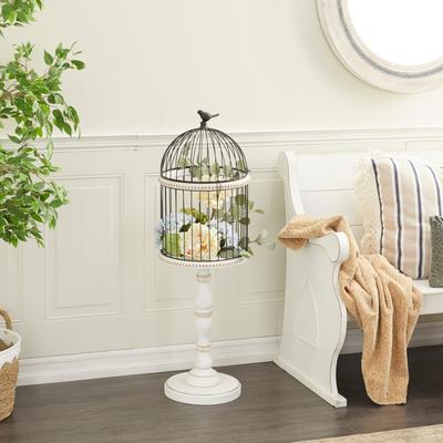 Arcilla Elemental - White Wood Indoor Outdoor Turned Beaded Bird Decorative Birdcage with Black Metal Wire Frame