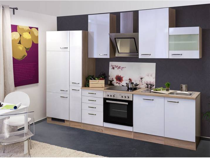Küchenblock Valero Weiß Hochglanz/Eiche Sonoma Nachbildung 310 cm