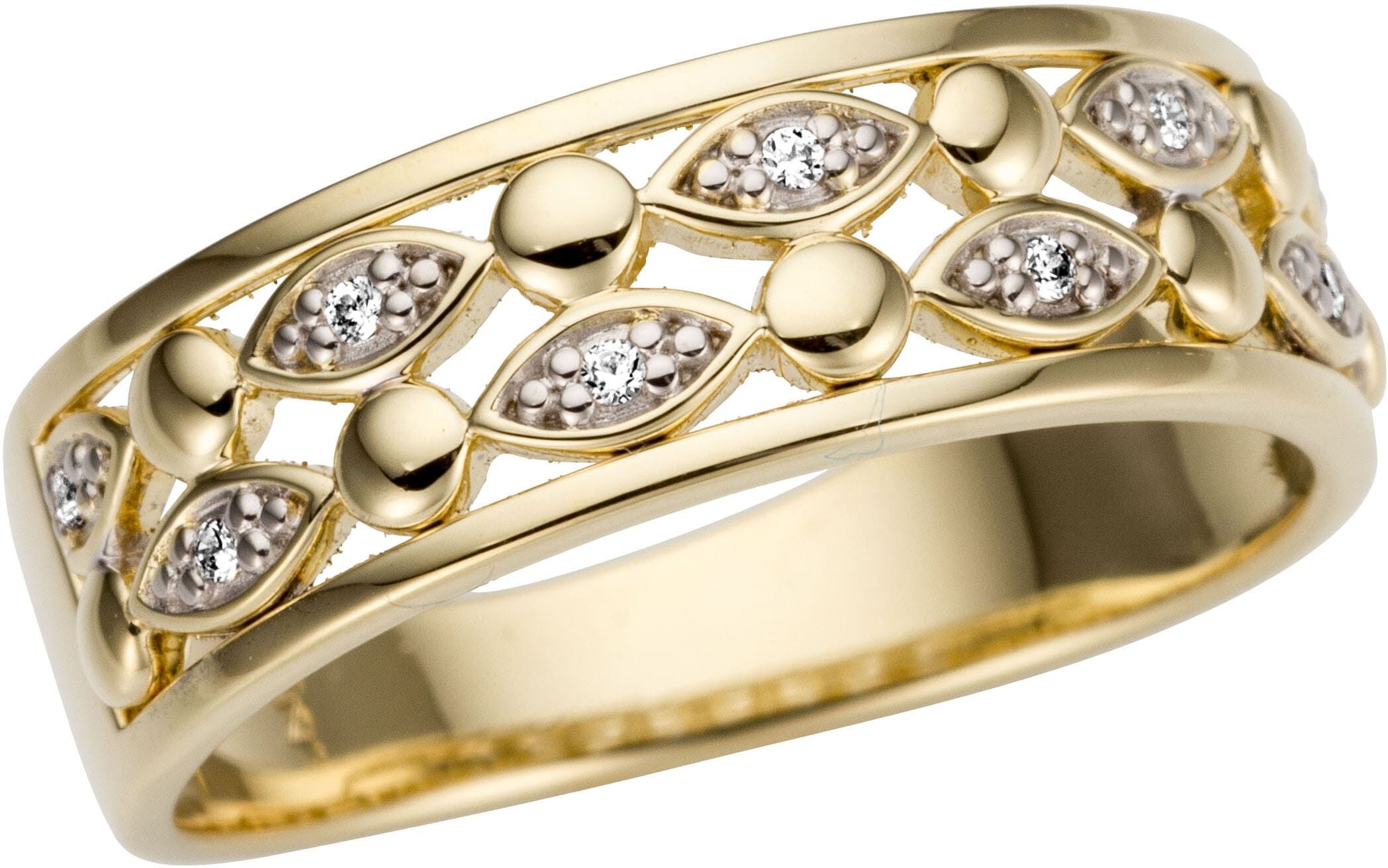 Goldring FIRETTI "Schmuck Geschenk Gold 585, teilw. rhodiniert, massiv" Gr. 18, weiß (gelbgoldfarben, weißgoldfarben), Fingerringe, Damen, 18, 0,05 P2 = erkennbare Einschlüsse, Diamanten Gelbgold 585, 6mm, Diamanten, Gelbgold 585, Goldring, mit Brillanten