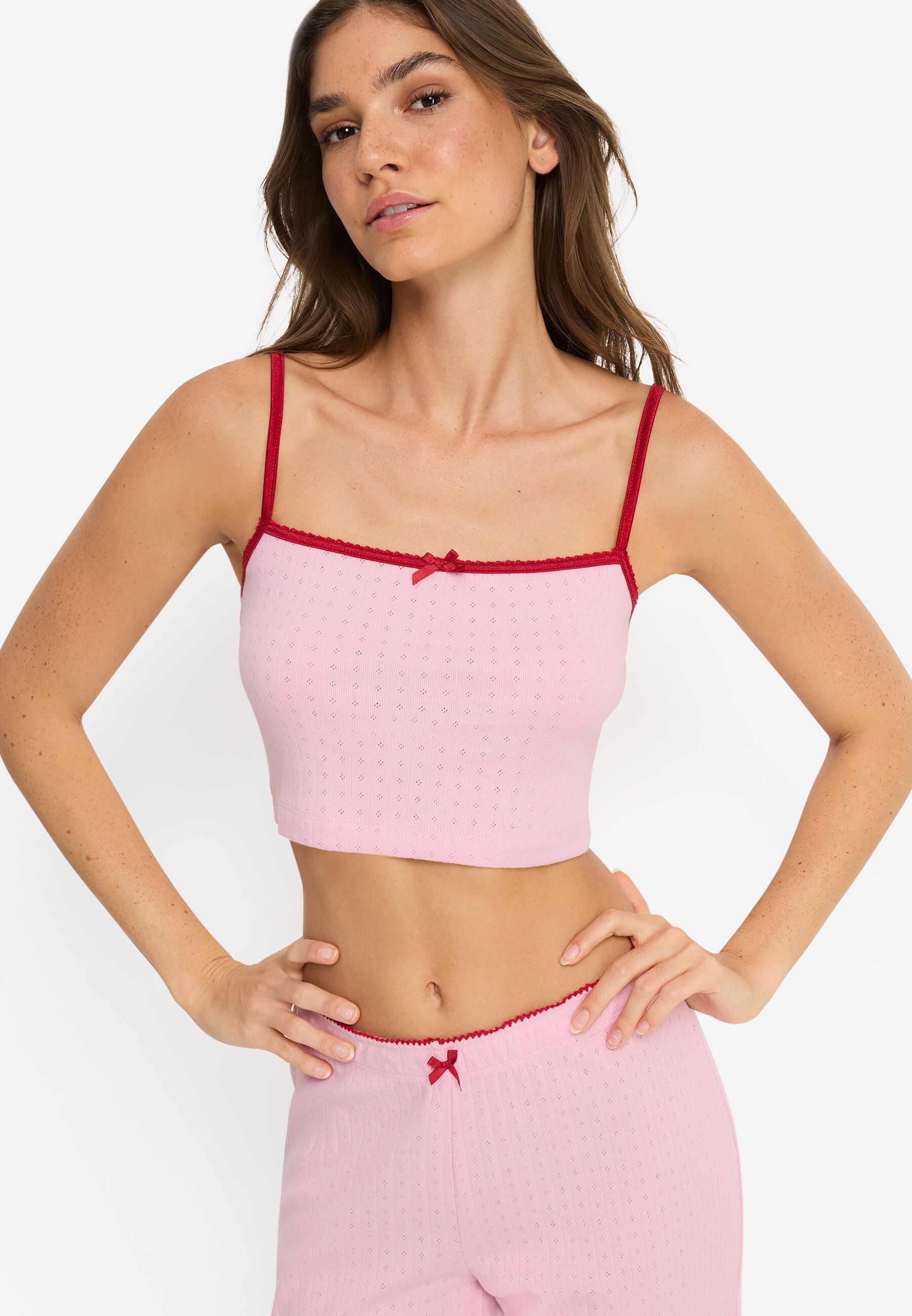 Pyjama LSCN BY LASCANA, Damen, Gr. 32/34, rosa, Jersey, Obermaterial: 100% Baumwolle, gerade hüftlang, ohne Ausschnitt, Homewear-Sets Pyjama, mit Kontrast-Häkelkanten rosa 32/34