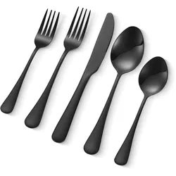 VEVOR 30-teiliges Besteckset aus lebensmittelechtem Edelstahl, hochglanzpoliertes Essbesteck-Set, spülmaschinenfestes Essgeschirr, Service für 6 Personen, inkl. Messer Gabel Löffel Schwarz