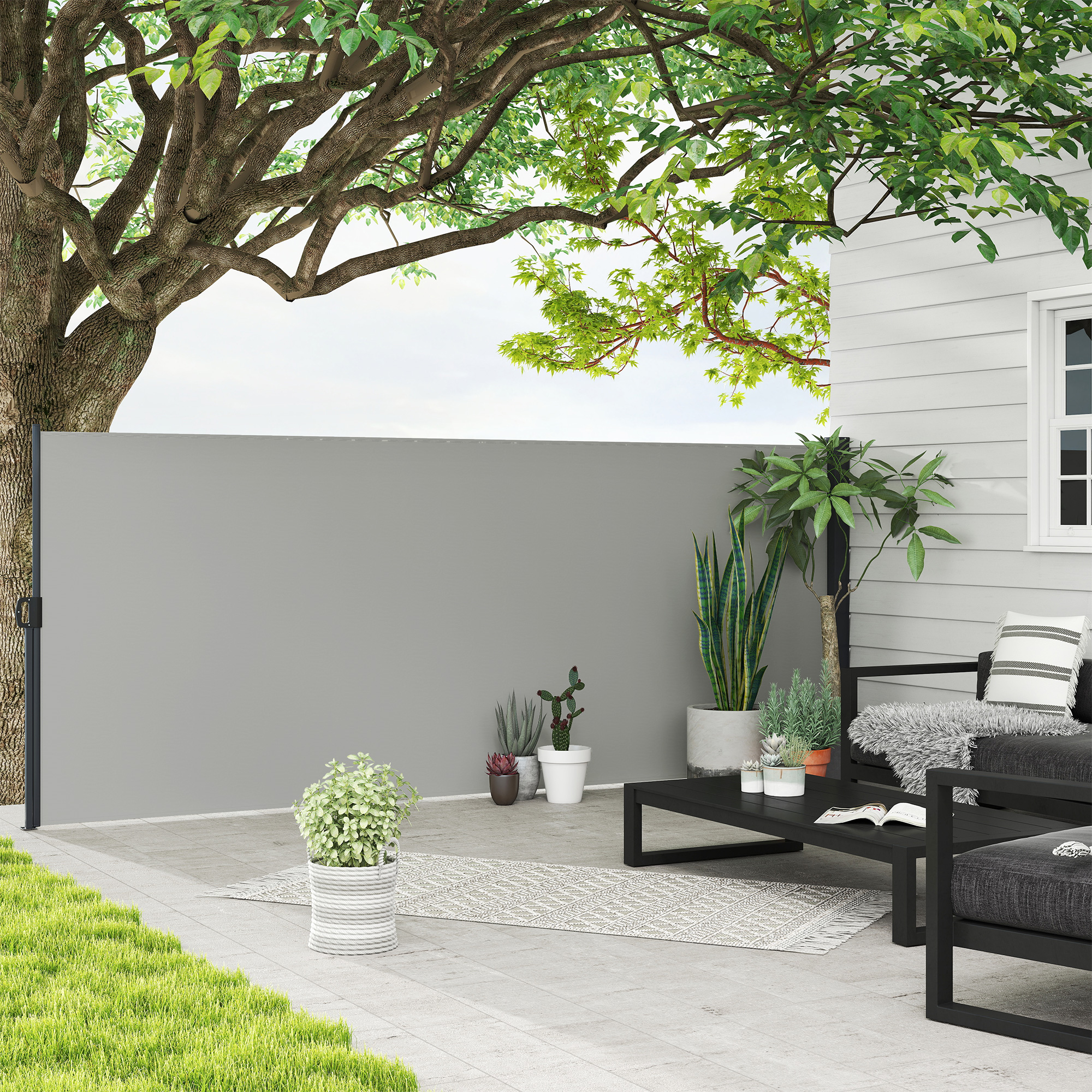 Outsunny Tenda Laterale Retrattile 400x160 cm con Maniglia, in Metallo, Alluminio e Poliestere, Grigio Chiaro