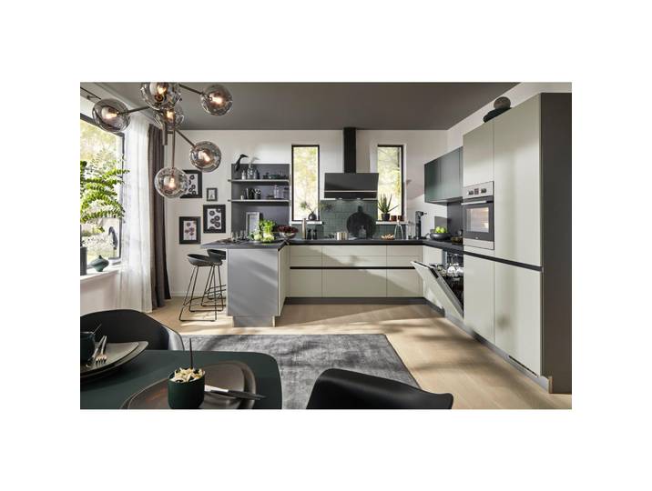 Welnova Eckküche Win, Anthrazit, Hellgrau, Dunkelgrün, U-Form, nur wie online abgebildet bestellbar, 340x305 cm, Made in Germany, seitenverkehrt erhältlich, vormontierter Korpus, Küchen, Eckküchen, Eckküchen ohne Geräte