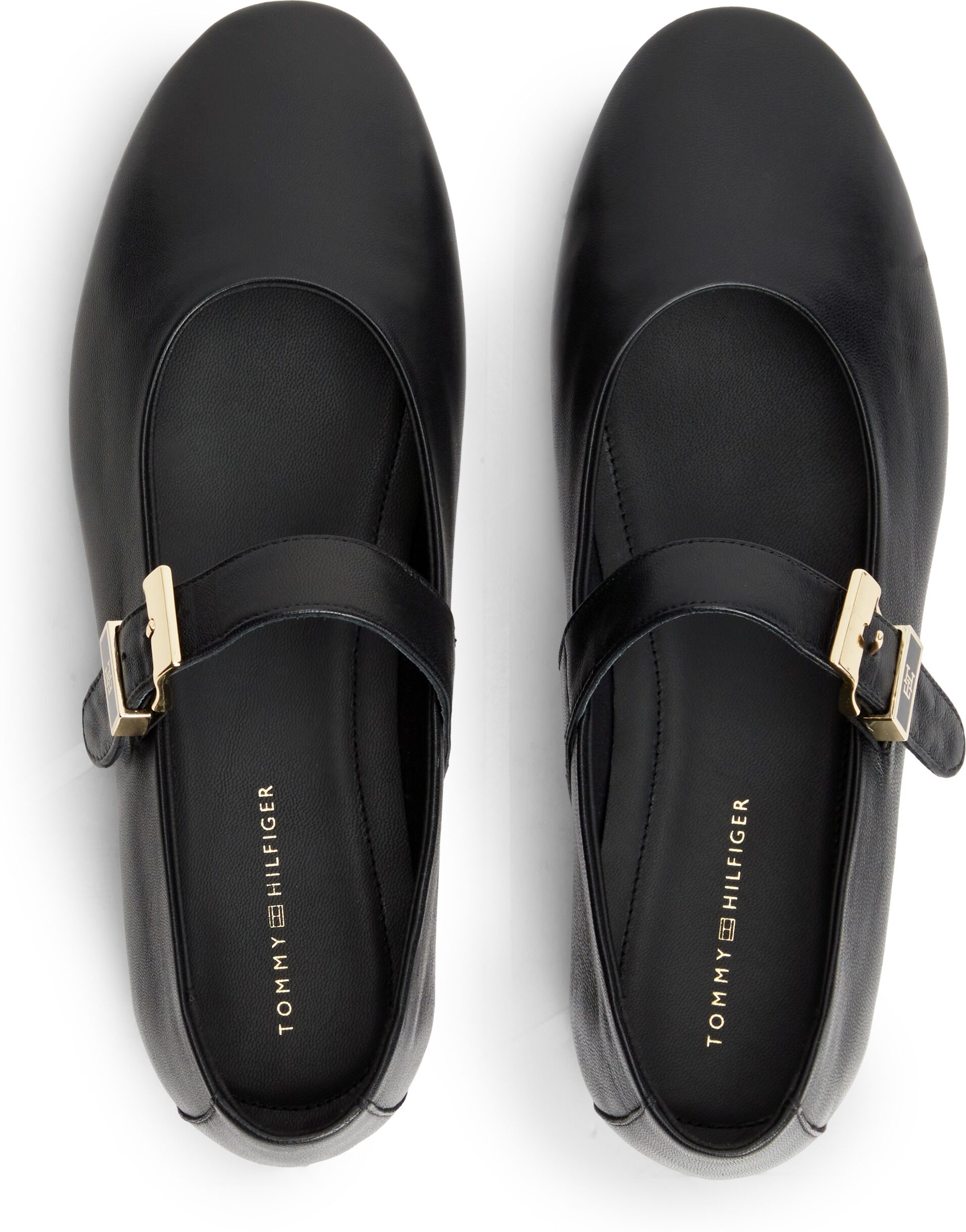 Riemchenballerina TOMMY HILFIGER "TH BUCKLE LEATHER BALLERINA", Damen, Gr. 41, Baumwolle Leder, schwarz, Nappaleder, Schuhe Riemchenballerina, Businessschuh, mit verstellbarer Schnalle über den Rist, schmale Form.