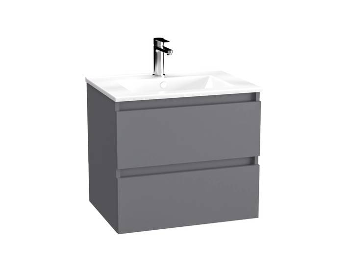 BADEDU GERS Waschbecken mit Unterschrank 60 cm breit, Grau, Waschbecken Keramik Weiß